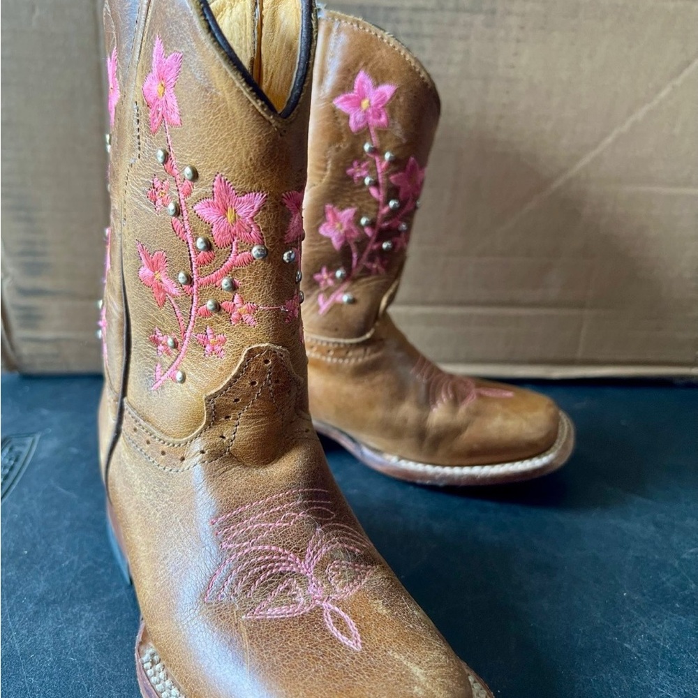 Brown Leather Cowboy Boots with Pink Floral Embroidery little girls cutee